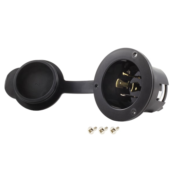 Flanged Locking Inlet, 20 A, 125/250V AC, Screw Terminals, Black